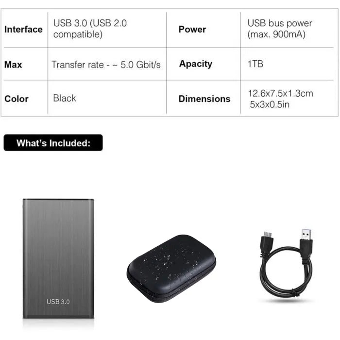 1TB External Hard Drive - Black - USB3.0 - 2.5" - Ultra-Fast Data Transfers